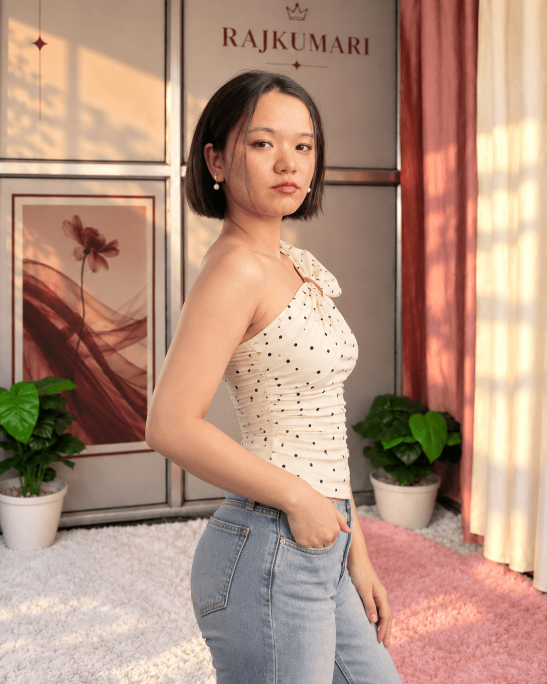 Polka Dot Bow One-Shoulder Top