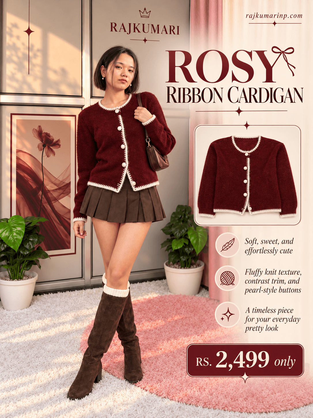 Rosy Ribbon Cardigan — Wine