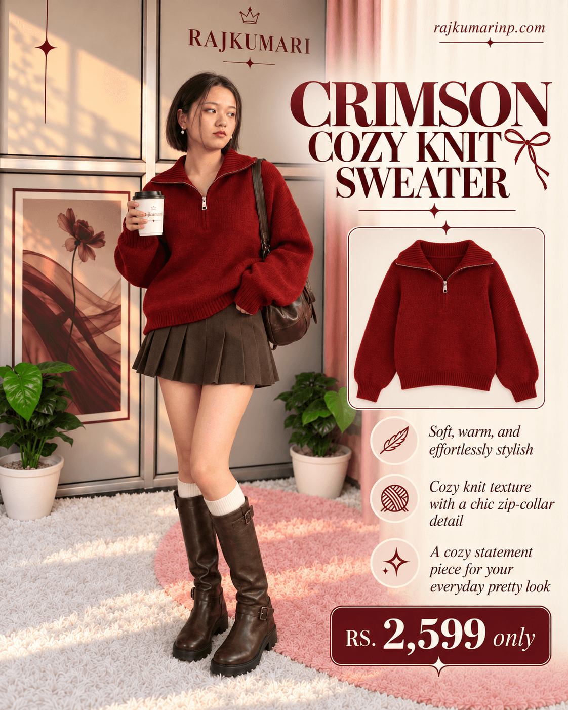 Crimson Cozy Knit Sweater — Red