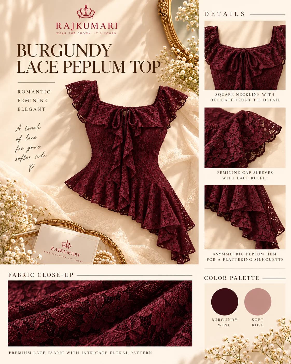 Burgundy Lace Peplum Top in Burgundy