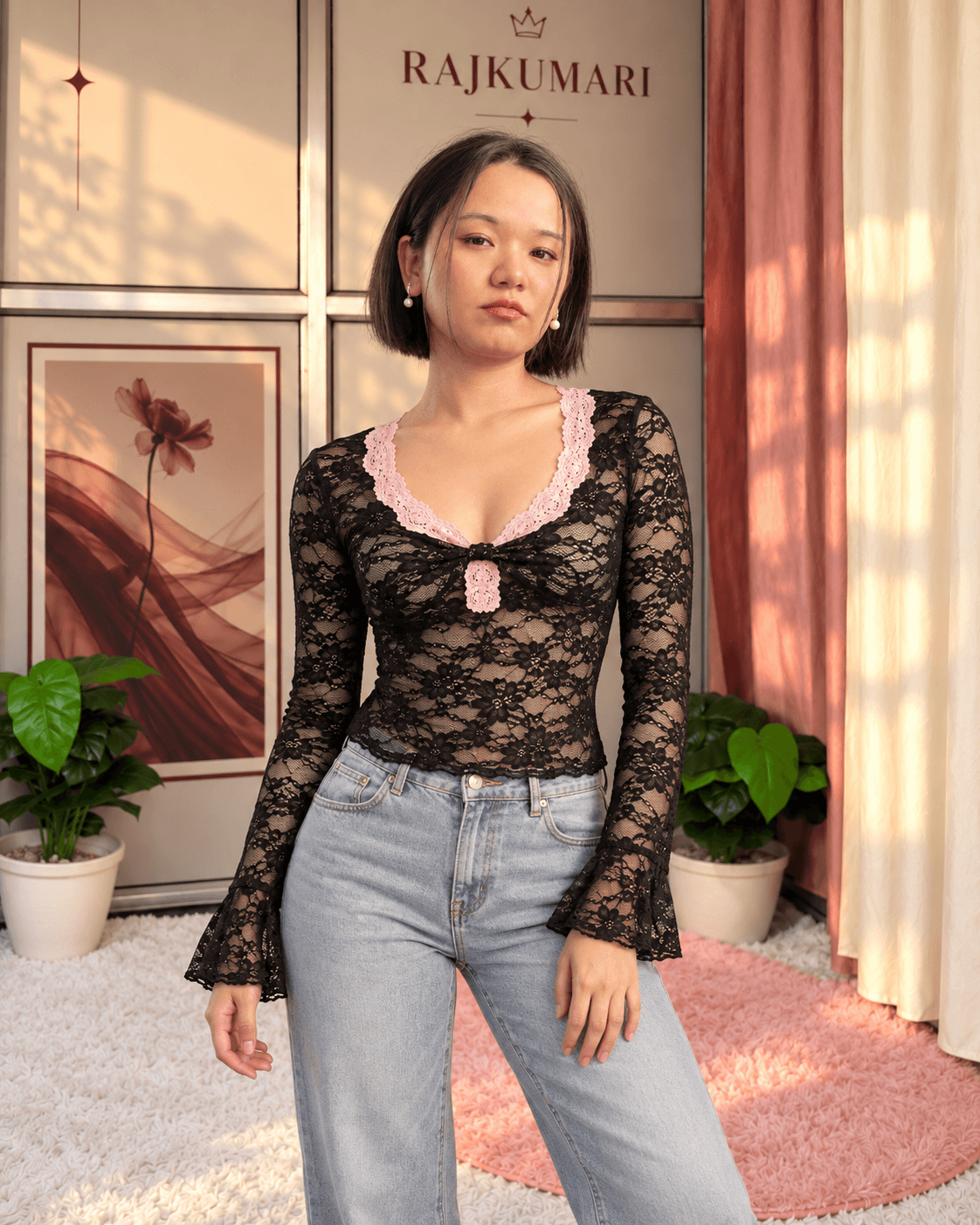 Lace V-Neck Top in Black — front view