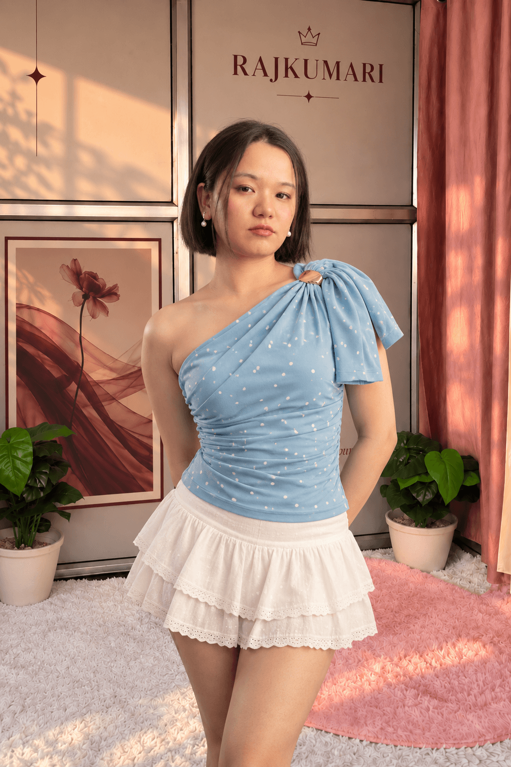 Polka Dot Bow One-Shoulder Top
