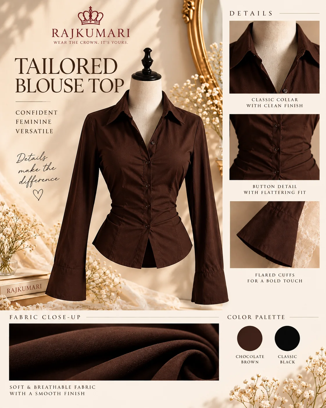Tailored Blouse Top in Brown