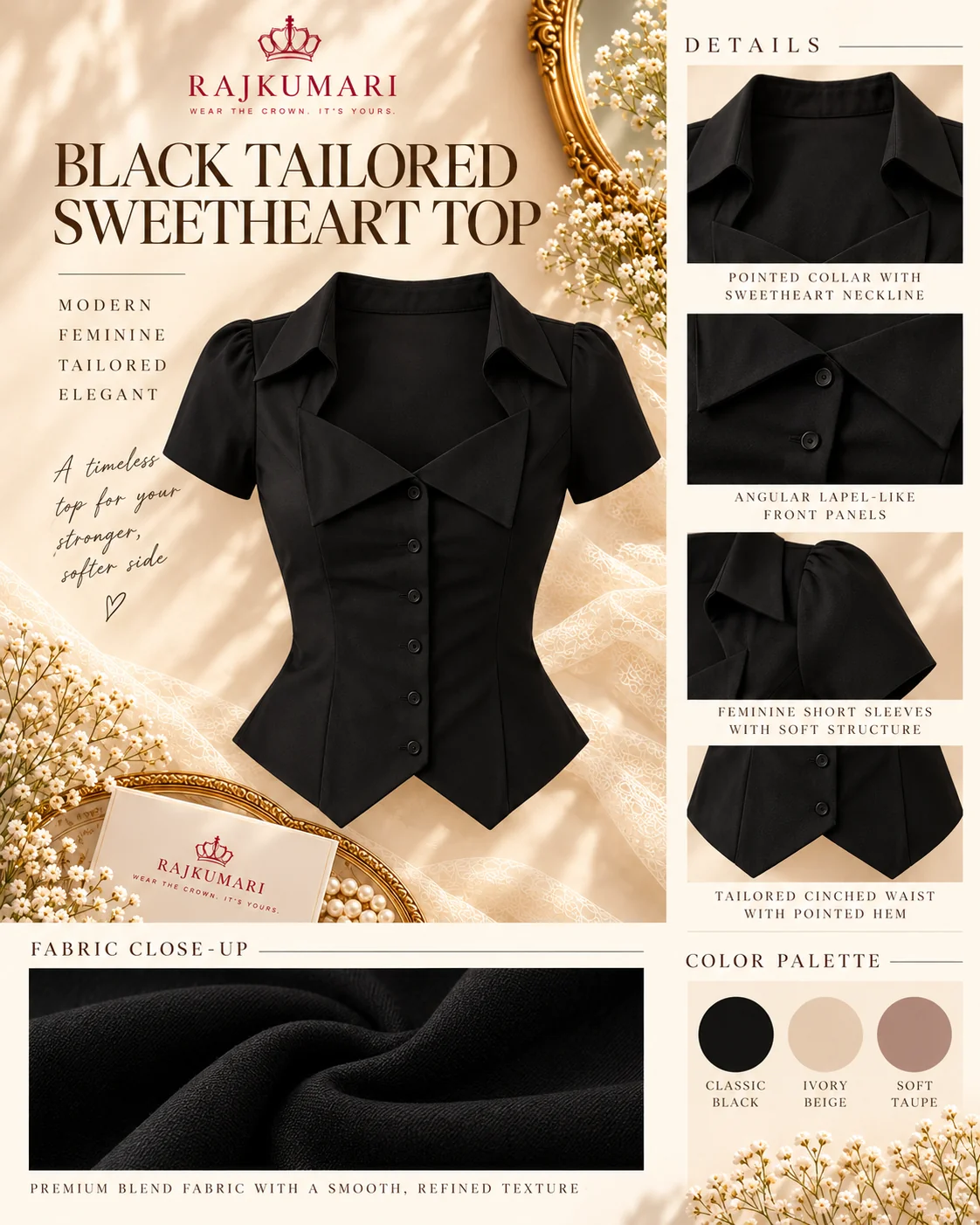 Black Tailored Sweetheart Top in Black