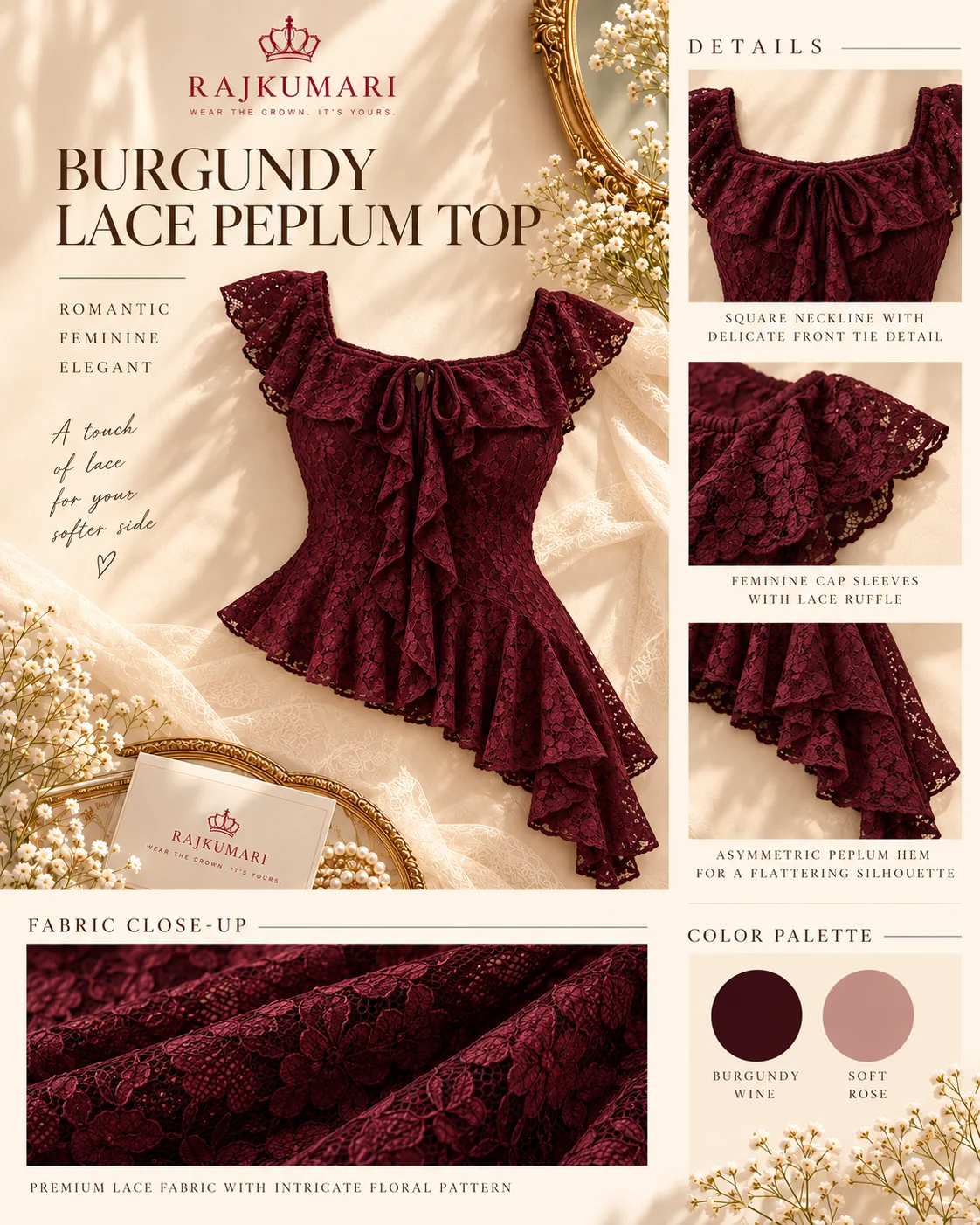Burgundy Lace Peplum Top in Burgundy