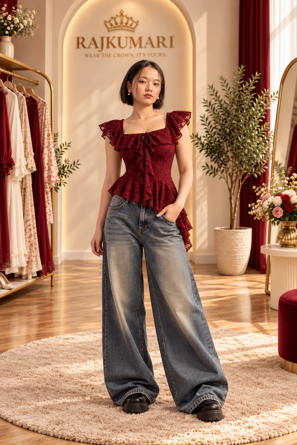Burgundy Lace Peplum Top in Burgundy