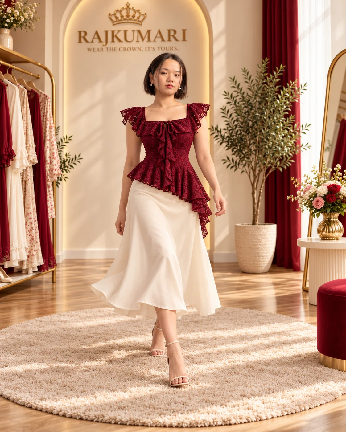Burgundy Lace Peplum Top in Burgundy