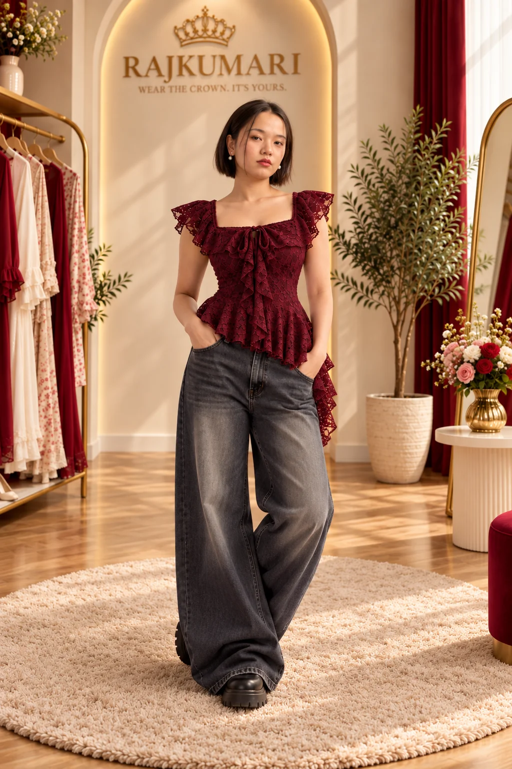Burgundy Lace Peplum Top in Burgundy