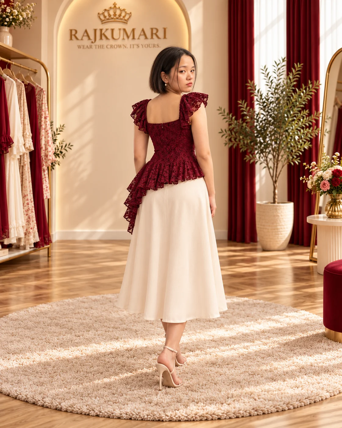 Burgundy Lace Peplum Top in Burgundy