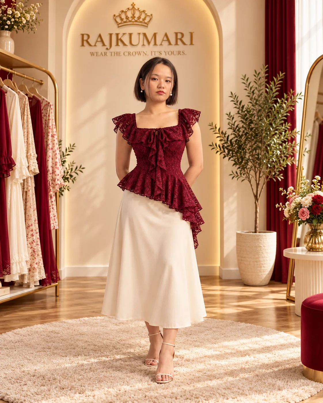 Burgundy Lace Peplum Top in Burgundy