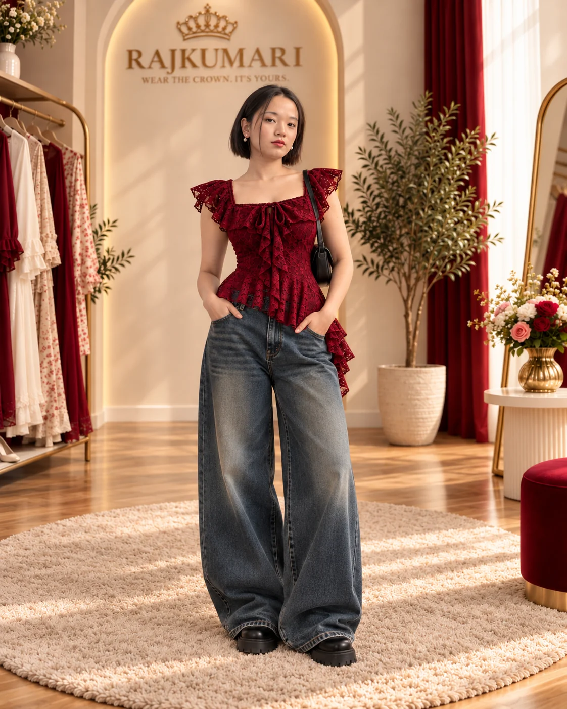 Burgundy Lace Peplum Top in Burgundy
