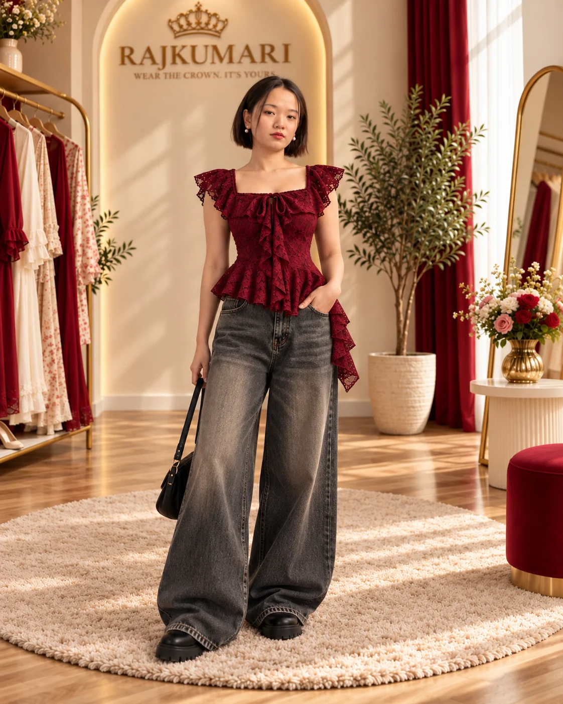Burgundy Lace Peplum Top in Burgundy