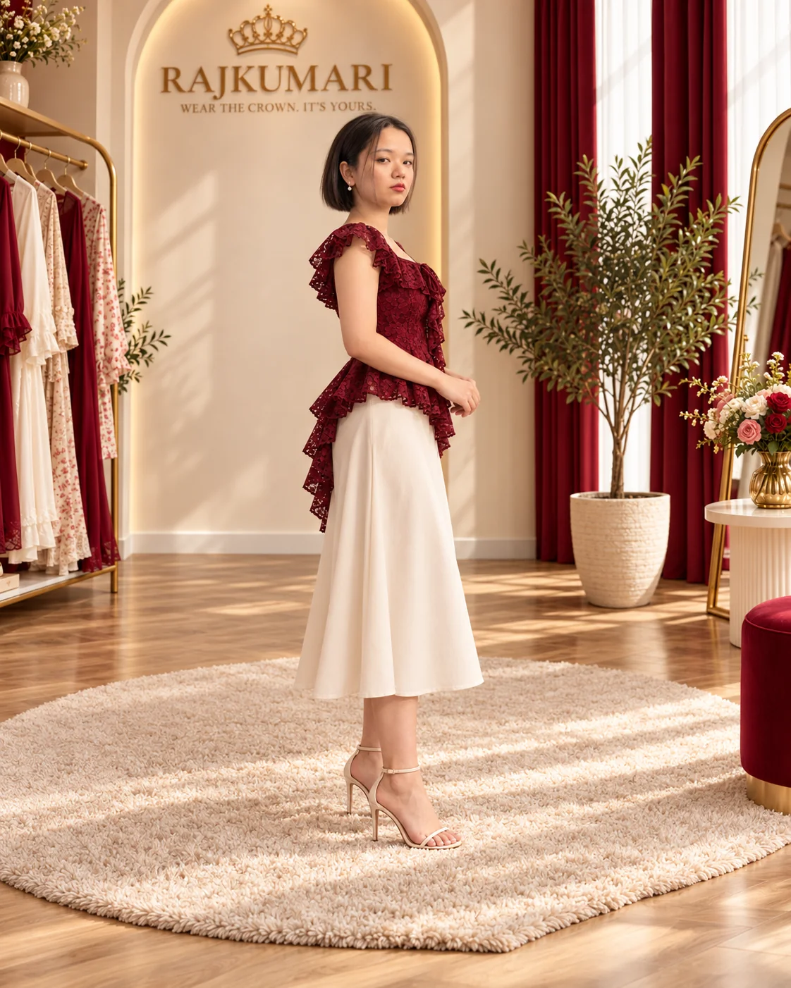 Burgundy Lace Peplum Top in Burgundy