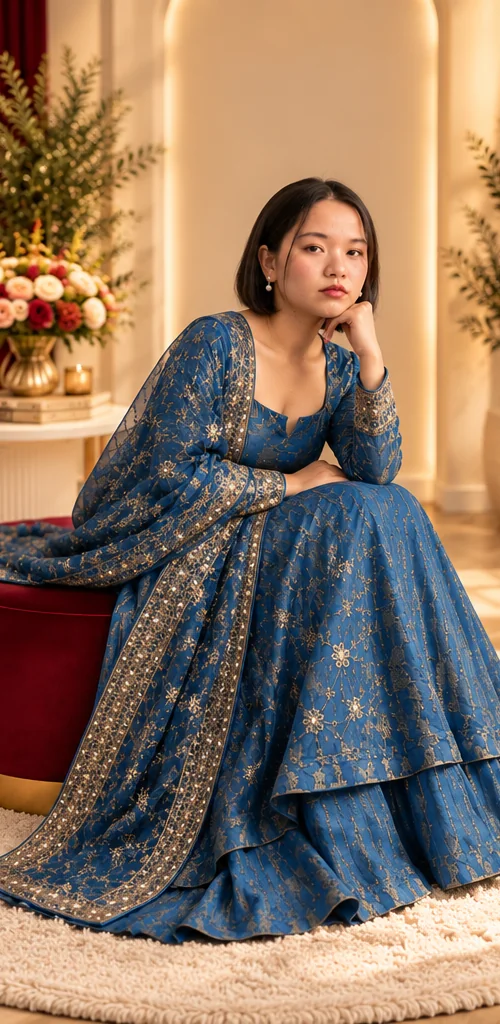 Embroidered Anarkali Suit Set in Blue