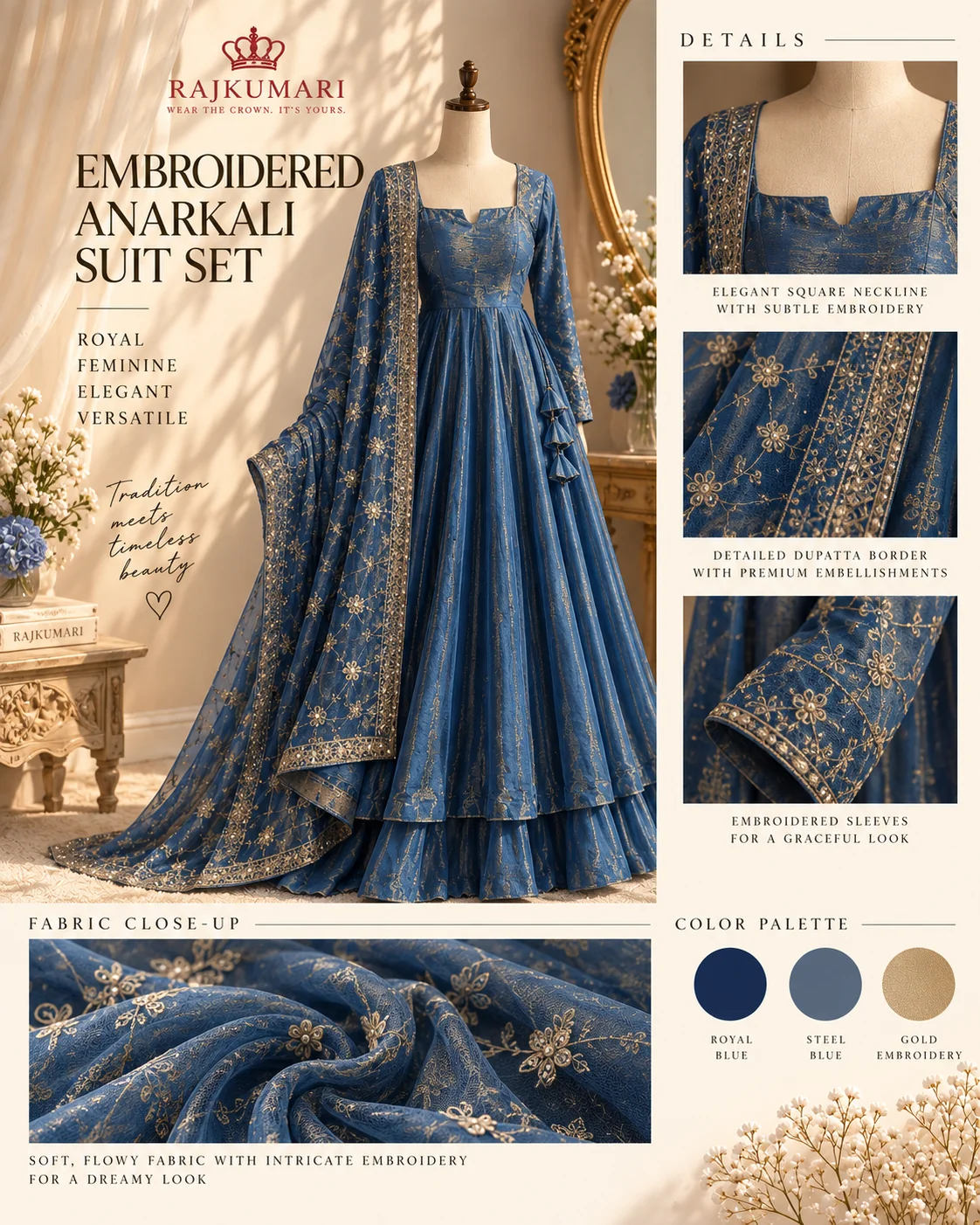 Embroidered Anarkali Suit Set in Blue