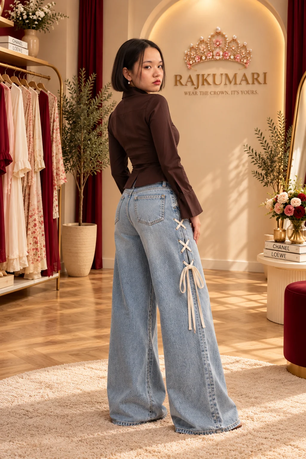 Lace-Up Wide Leg Jeans in Light blue