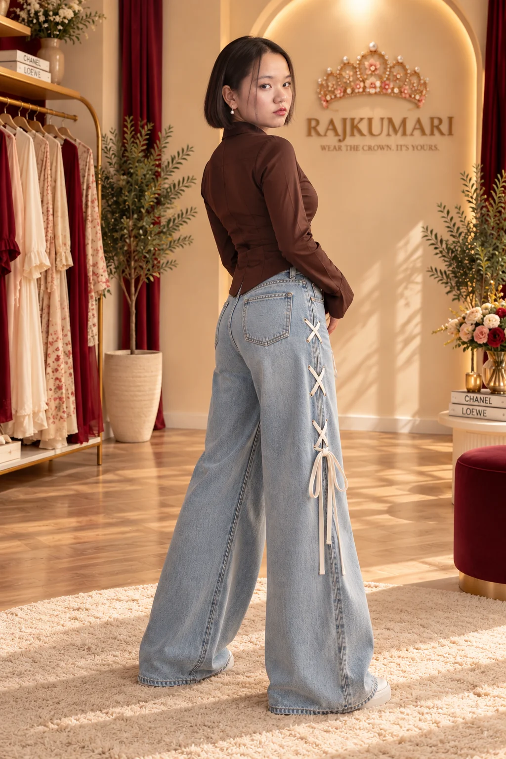Lace-Up Wide Leg Jeans in Light blue