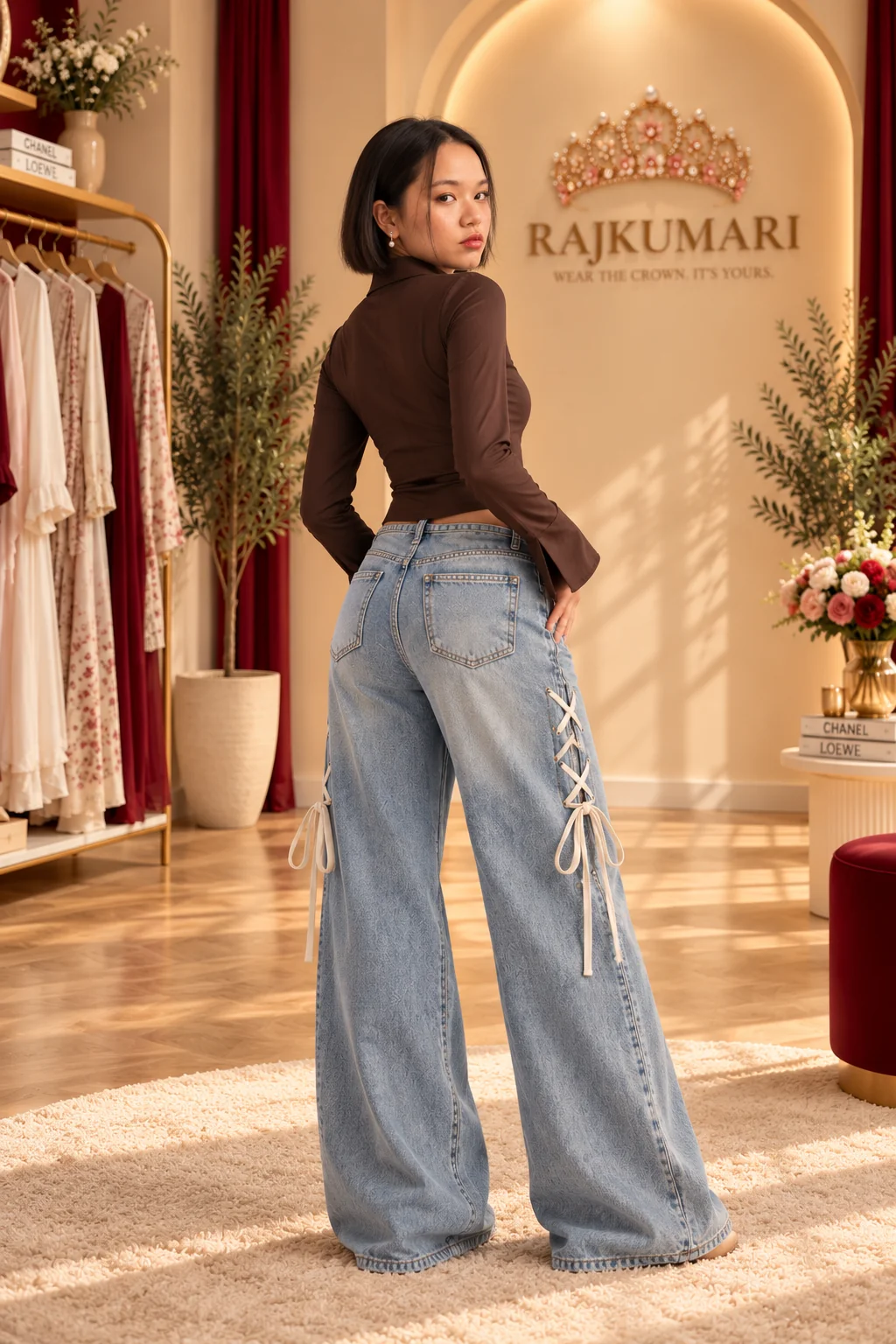 Lace-Up Wide Leg Jeans in Light blue