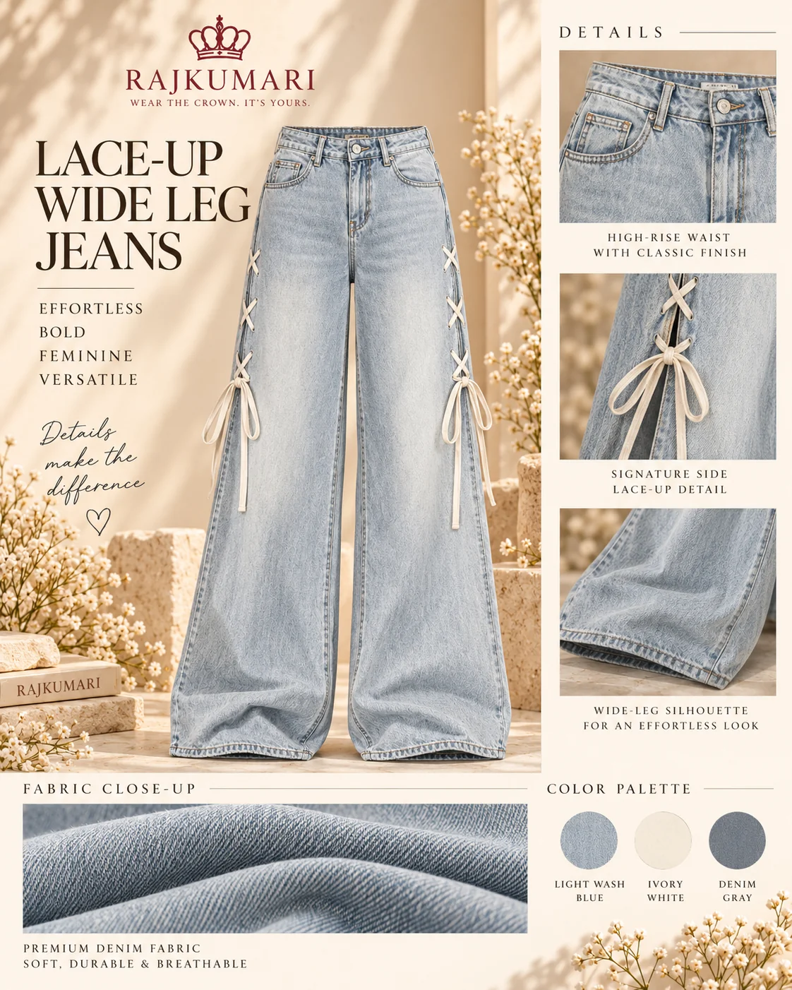 Lace-Up Wide Leg Jeans in Light blue