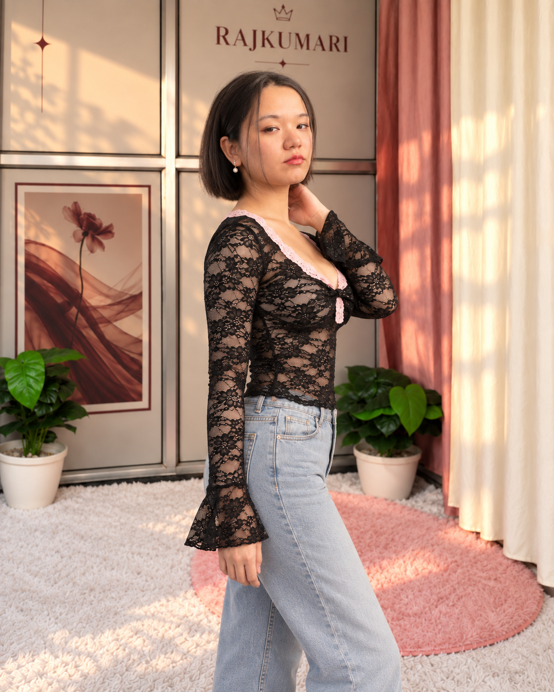 Lace V-Neck Top in Black — side view