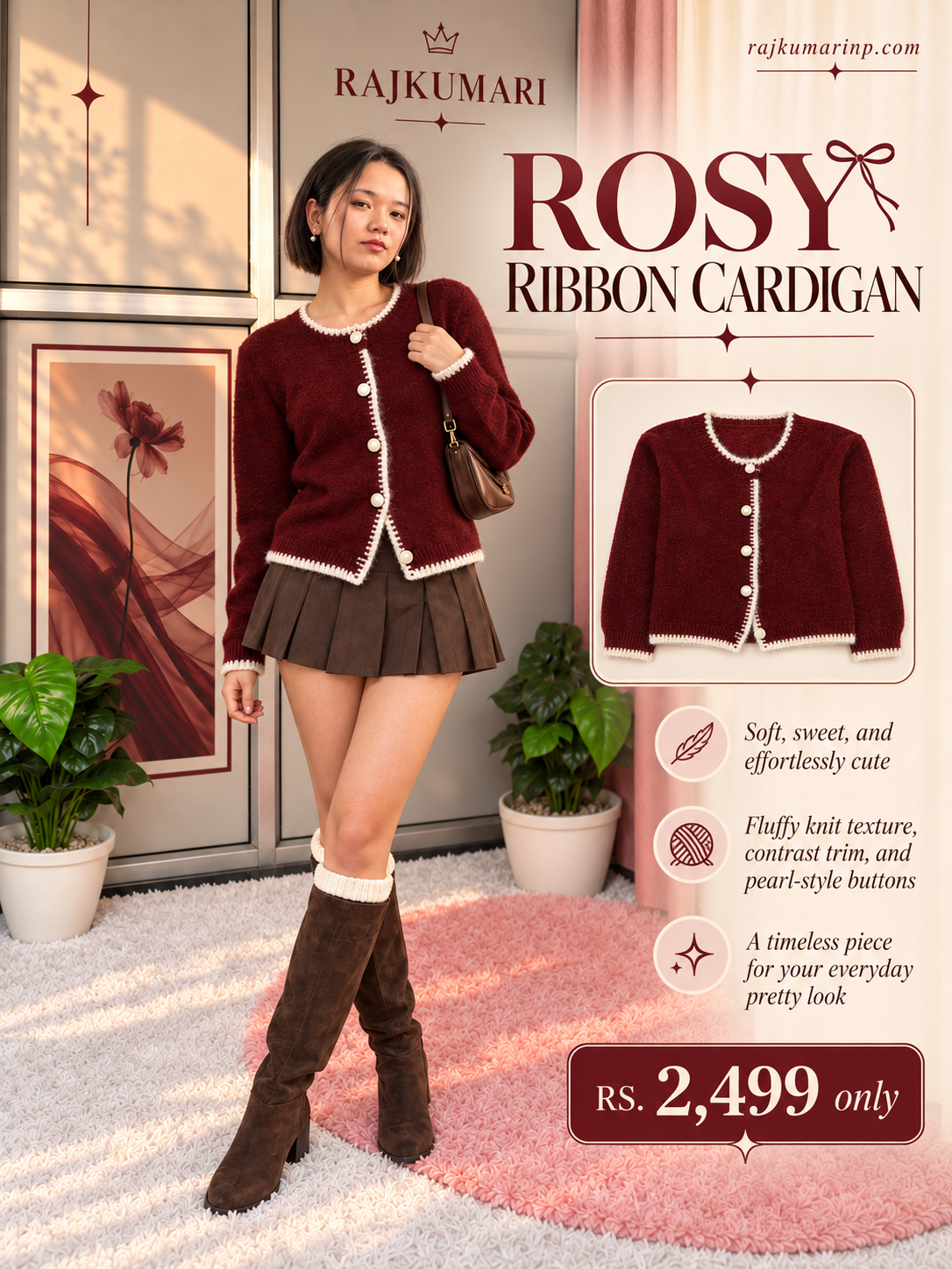 Rosy Ribbon Cardigan — Wine