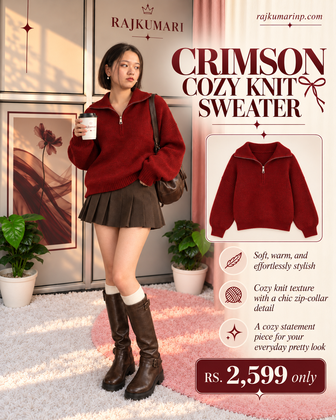Crimson Cozy Knit Sweater — Red